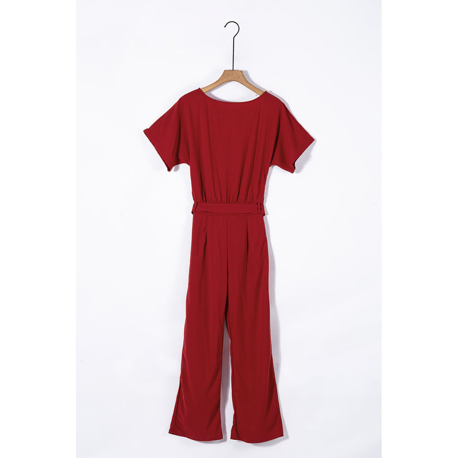 Womens Red Oh So Glam Belted Wide Leg Jumpsuit Image 1