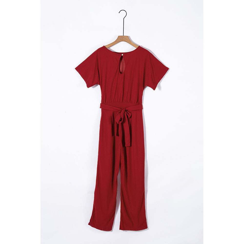 Womens Red Oh So Glam Belted Wide Leg Jumpsuit Image 2