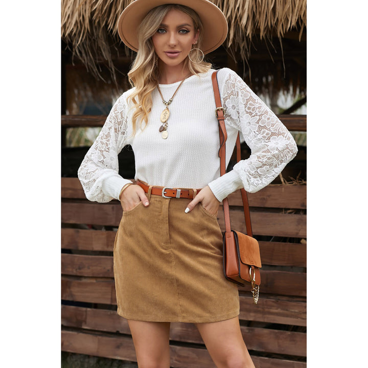 Womens Khaki High Waist Corduroy Mini Skirt with Pockets Image 3