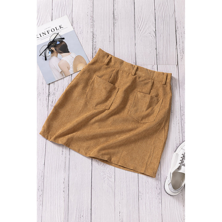 Womens Khaki High Waist Corduroy Mini Skirt with Pockets Image 6