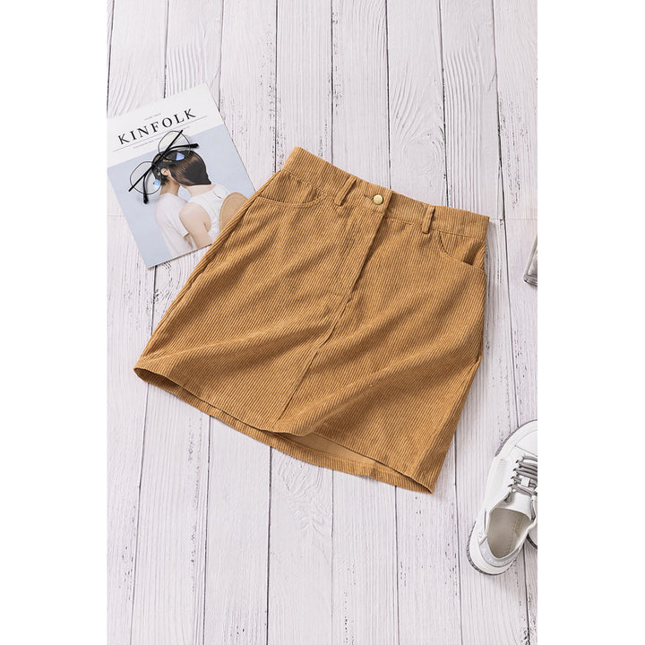 Womens Khaki High Waist Corduroy Mini Skirt with Pockets Image 7