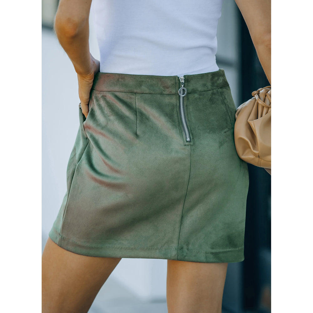 Womens Green Solid Suede Zipped Back Mini Skirt Image 2