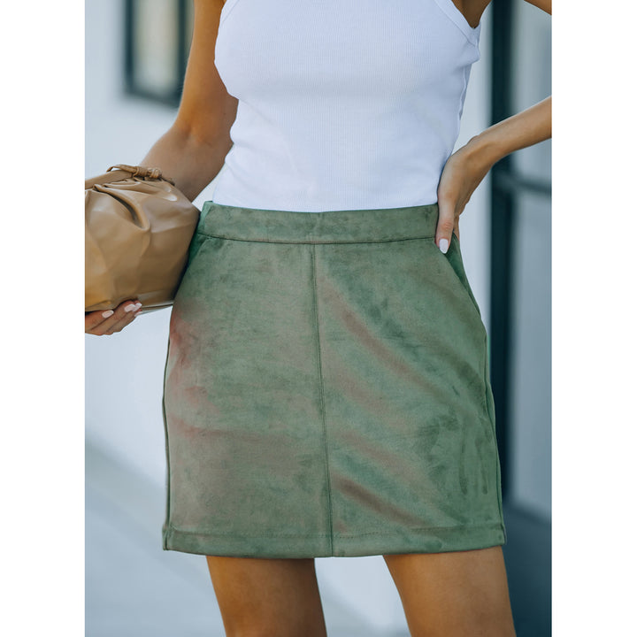 Womens Green Solid Suede Zipped Back Mini Skirt Image 6