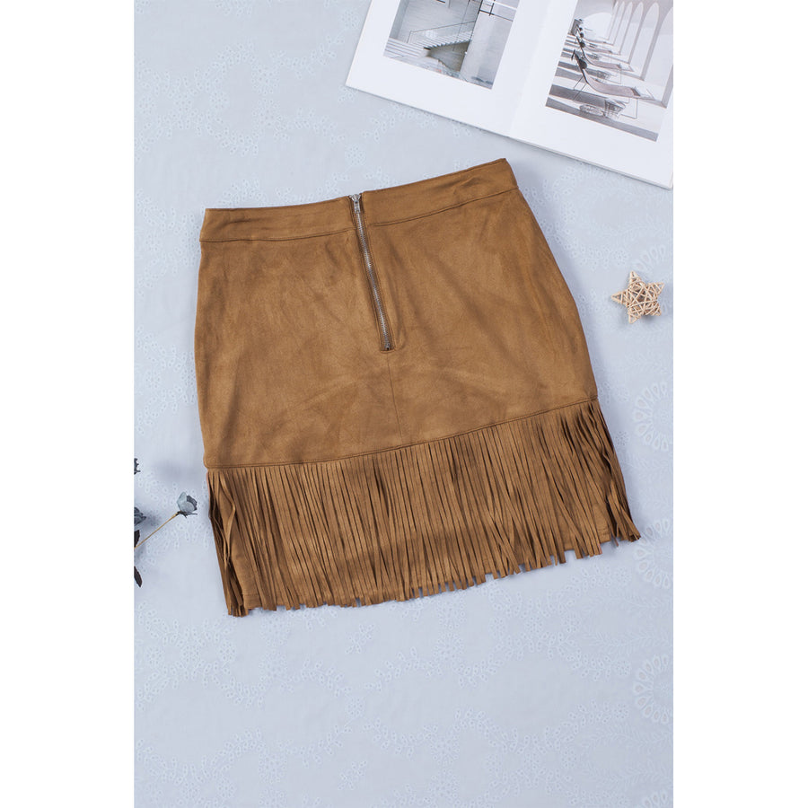 Womens Brown Tassel Zipped Pockets High Waist Mini Skirt Image 1