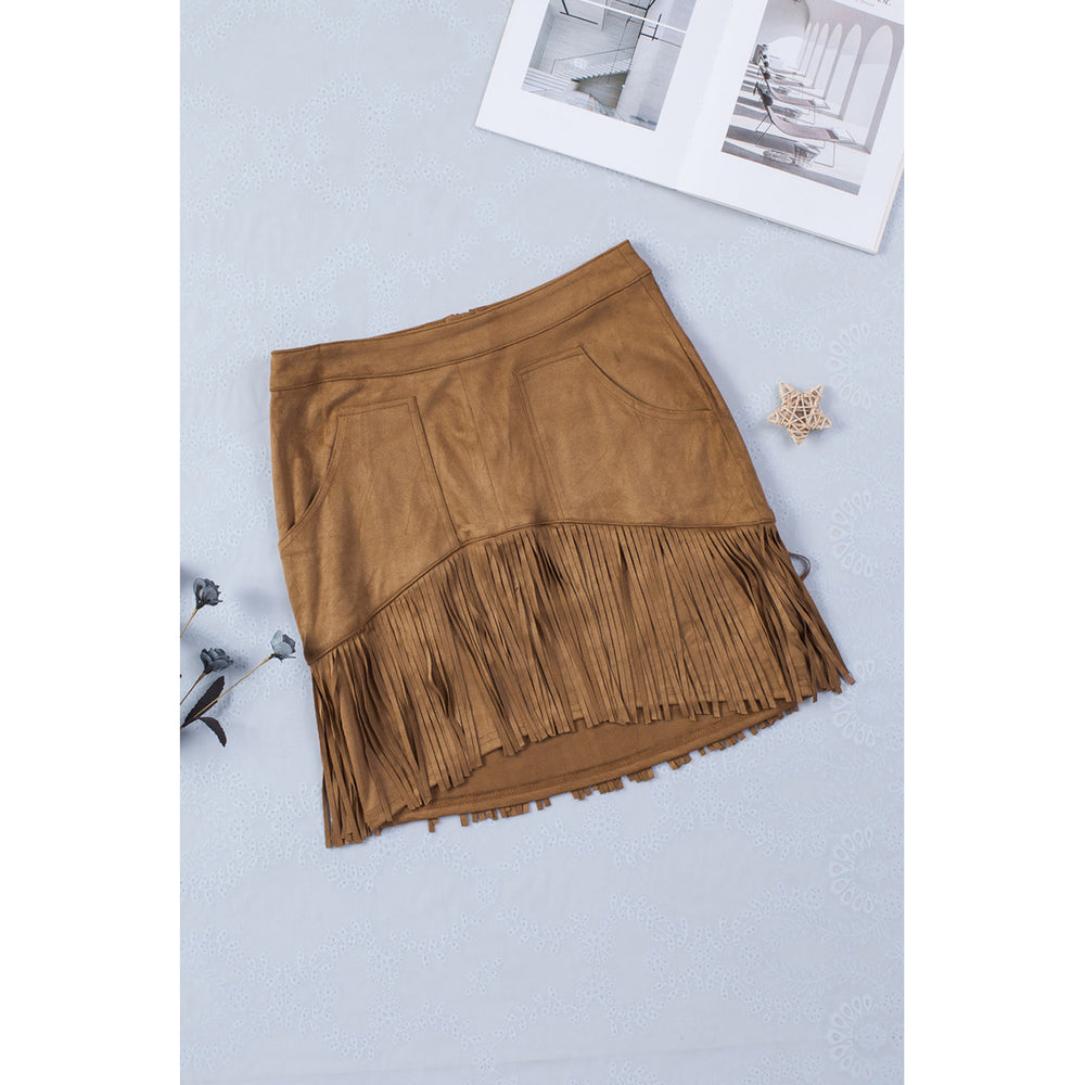 Womens Brown Tassel Zipped Pockets High Waist Mini Skirt Image 2