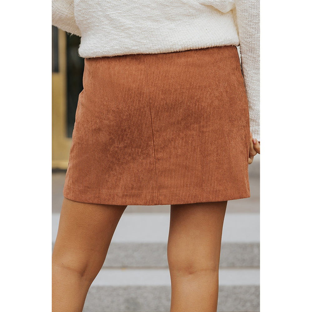 Womens Brown Buttons Front Corduroy Mini Skirt Image 2