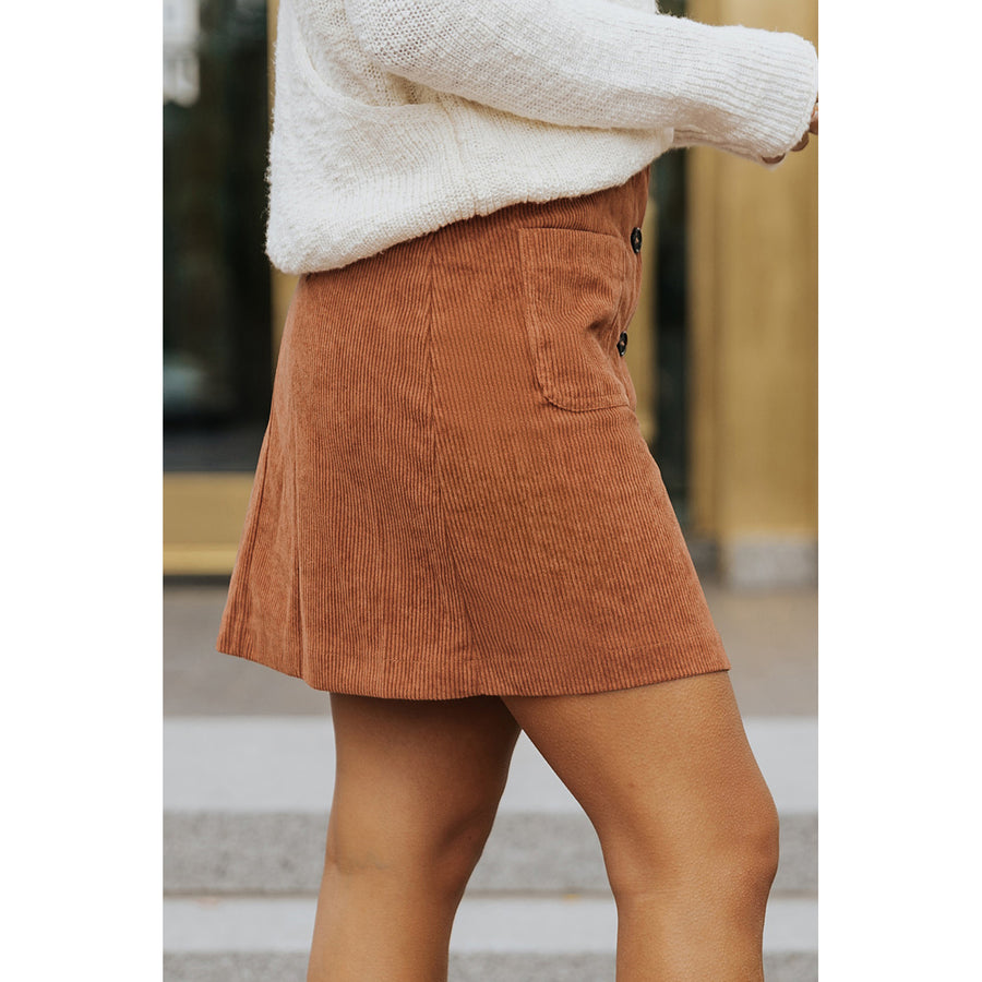 Womens Brown Buttons Front Corduroy Mini Skirt Image 1