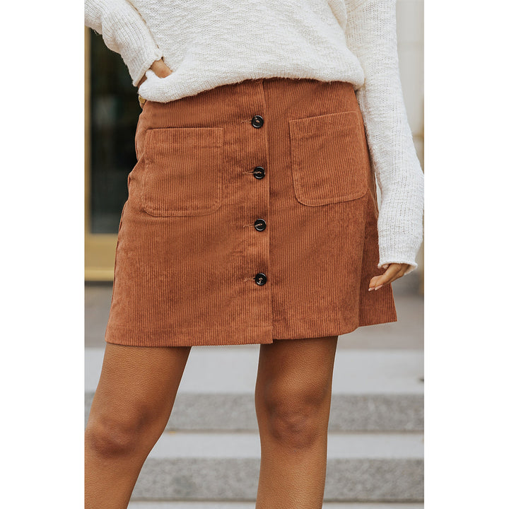 Womens Brown Buttons Front Corduroy Mini Skirt Image 3