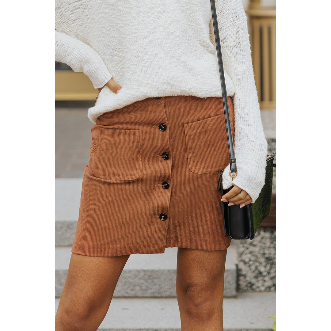 Womens Brown Buttons Front Corduroy Mini Skirt Image 7