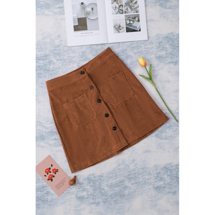 Womens Brown Buttons Front Corduroy Mini Skirt Image 8