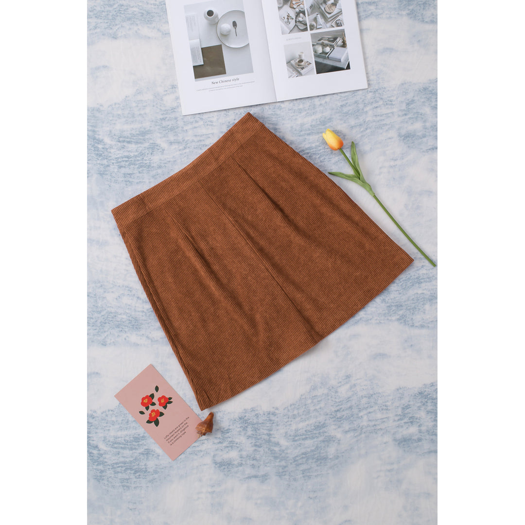 Womens Brown Buttons Front Corduroy Mini Skirt Image 9