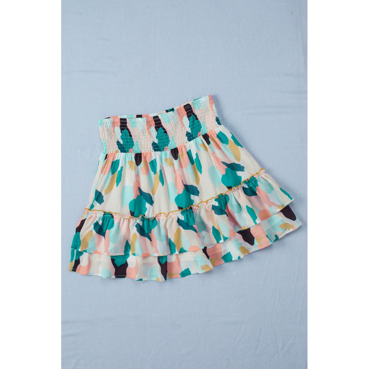 Womens Green Spotted Print Smocked High Waist Ruffle Mini Skirt Image 9
