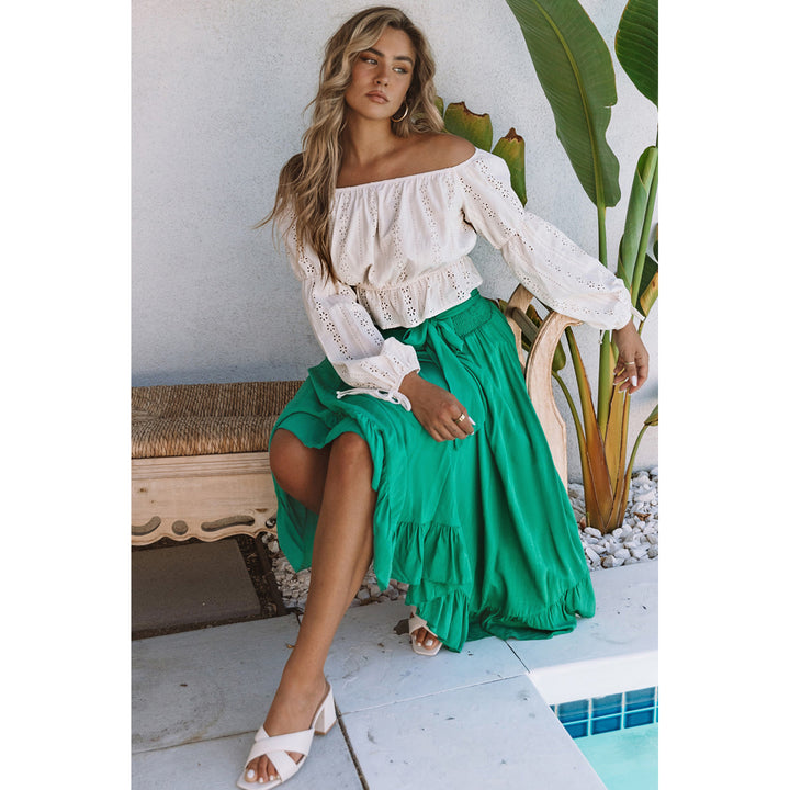 Womens Green Asymmetric Flounce Belted High Waist Maxi Skirts Image 4
