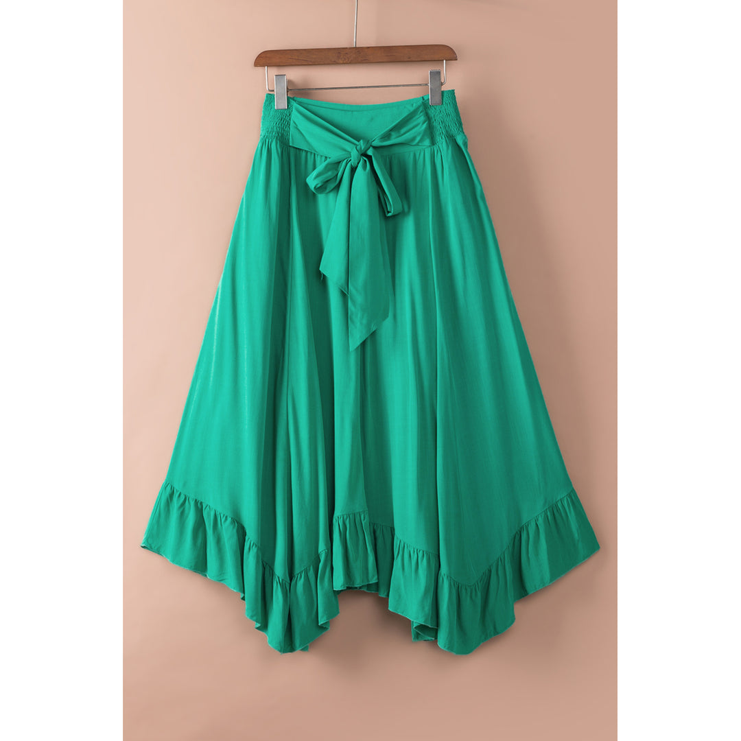 Womens Green Asymmetric Flounce Belted High Waist Maxi Skirts Image 6