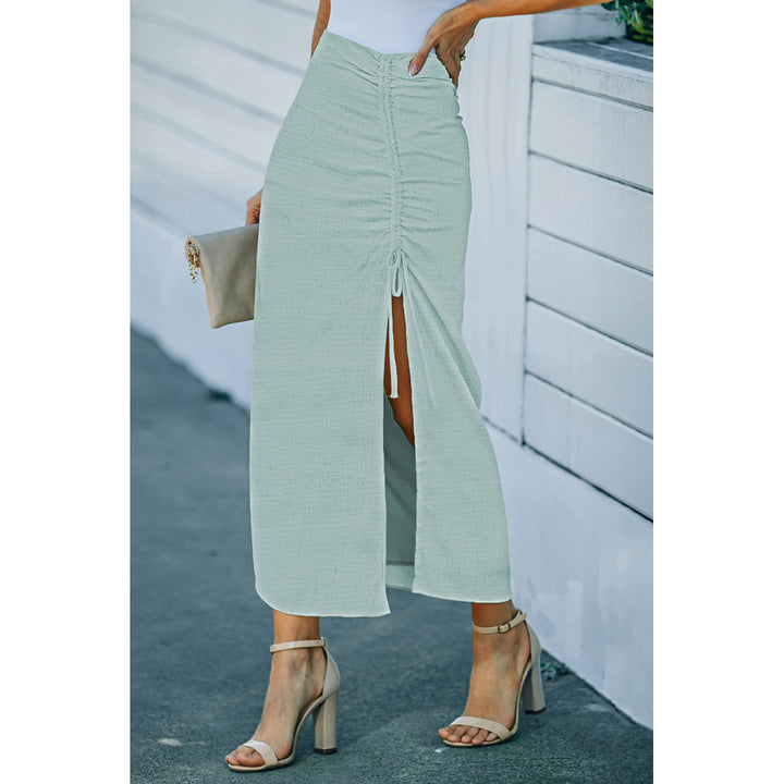 Womens Green Drawstring Side Split High Waist Long Skirt Image 3