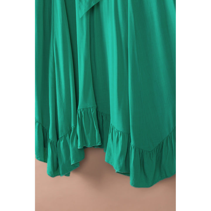 Womens Green Asymmetric Flounce Belted High Waist Maxi Skirts Image 9