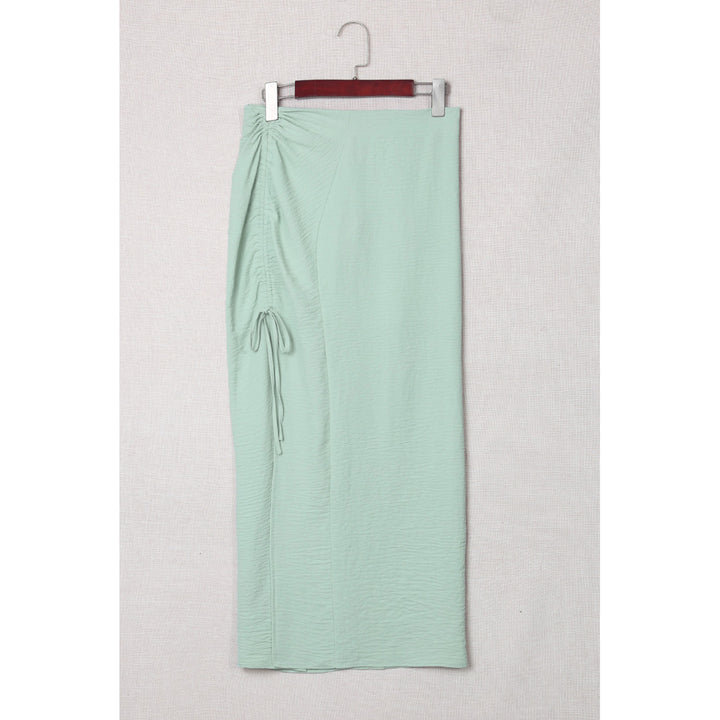 Womens Green Drawstring Side Split High Waist Long Skirt Image 8