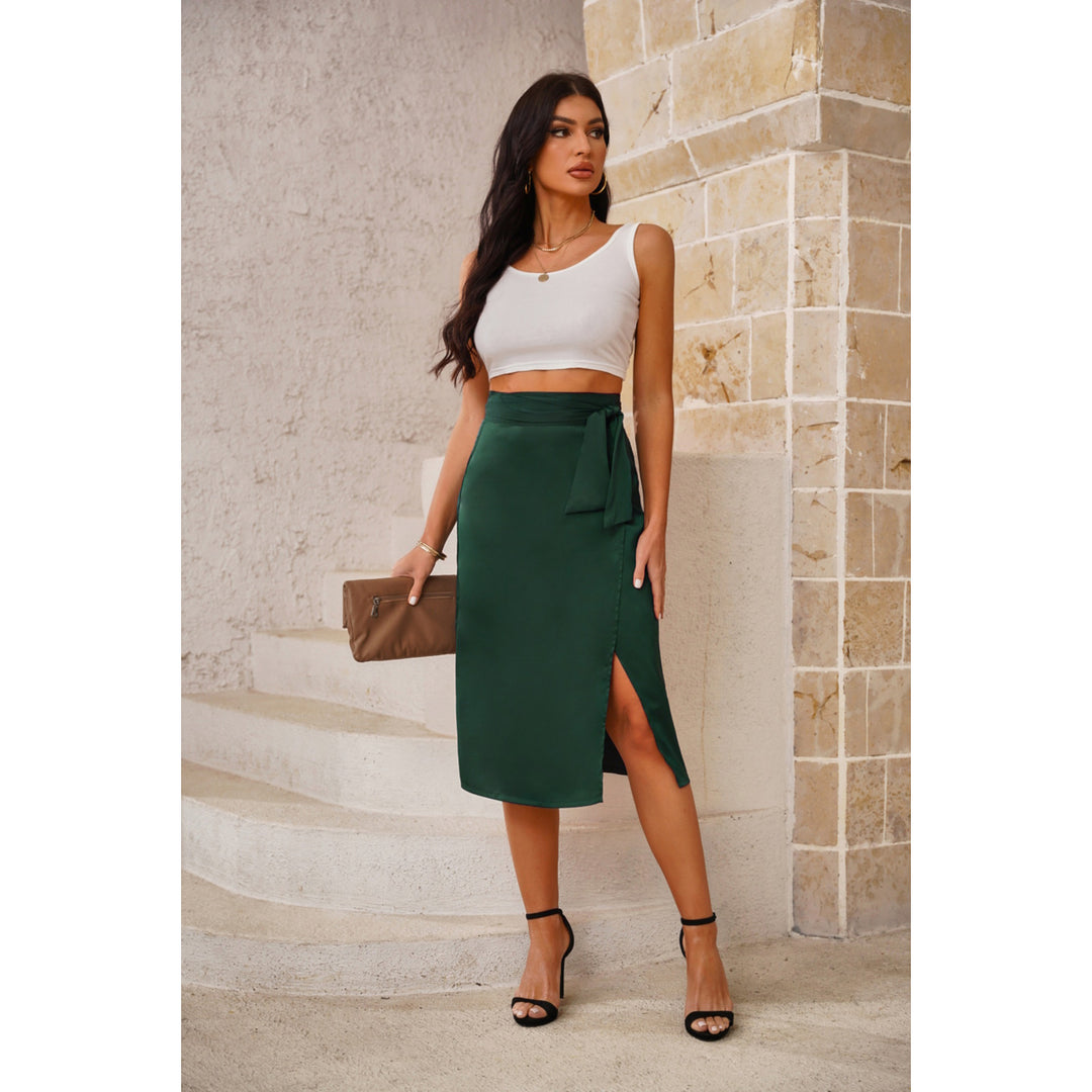 Womens Green Satin Wrap Midi Skirt with Split Image 4
