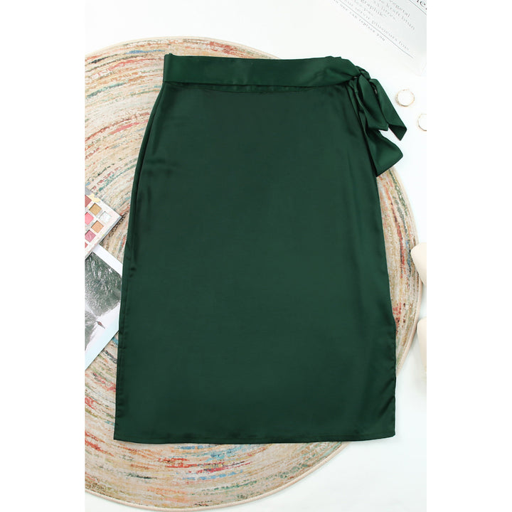 Womens Green Satin Wrap Midi Skirt with Split Image 6