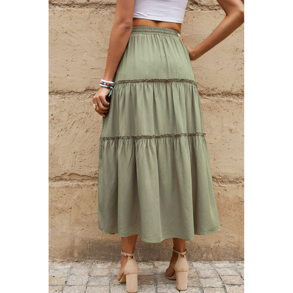 Womens Green Solid Layered Ruffled Drawstring High Waist Maxi Skirt Image 2