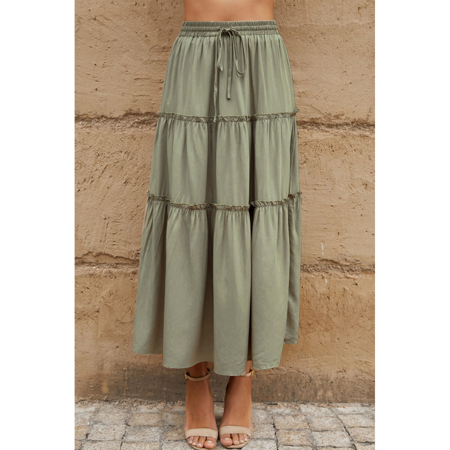 Womens Green Solid Layered Ruffled Drawstring High Waist Maxi Skirt Image 1