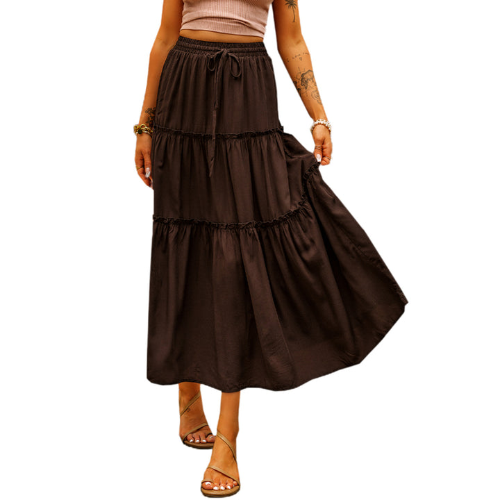 Womens Black Solid Layered Ruffled Drawstring High Waist Maxi Skirt Image 6