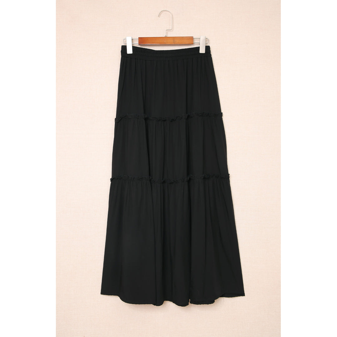 Womens Black Solid Layered Ruffled Drawstring High Waist Maxi Skirt Image 7