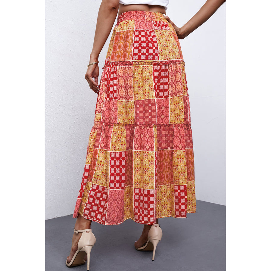 Womens Orange Tiered Paisley Print Pocketed Maxi Skirt Image 1
