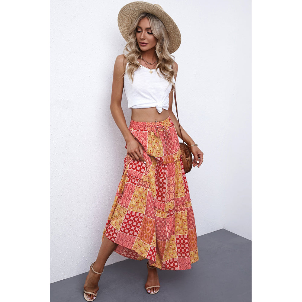 Womens Orange Tiered Paisley Print Pocketed Maxi Skirt Image 2