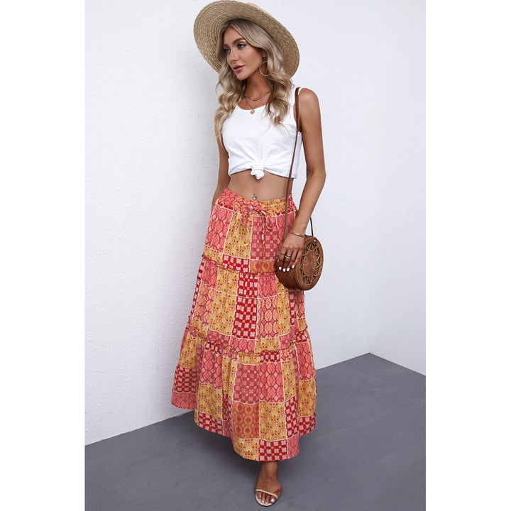 Womens Orange Tiered Paisley Print Pocketed Maxi Skirt Image 3