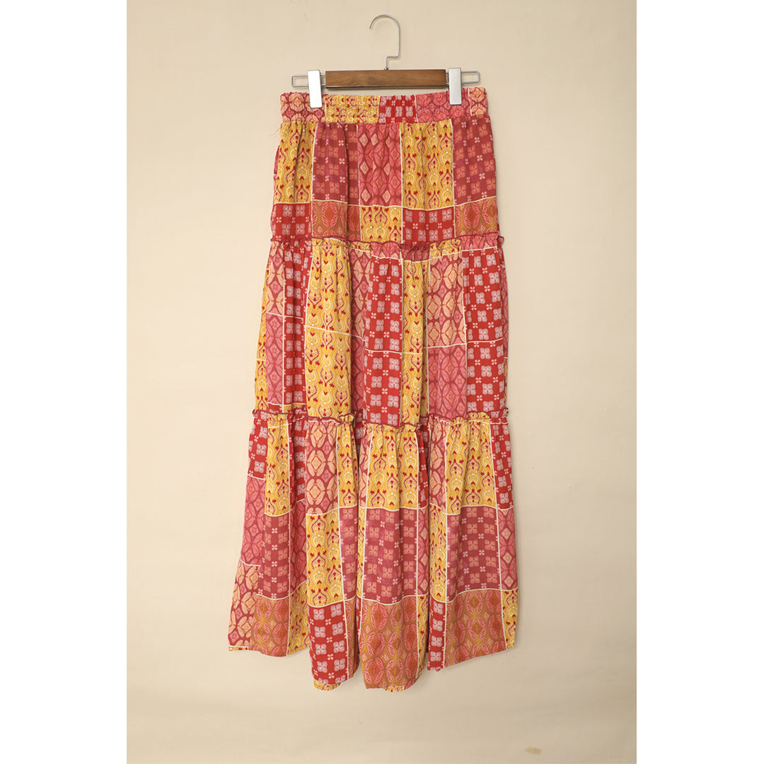 Womens Orange Tiered Paisley Print Pocketed Maxi Skirt Image 4
