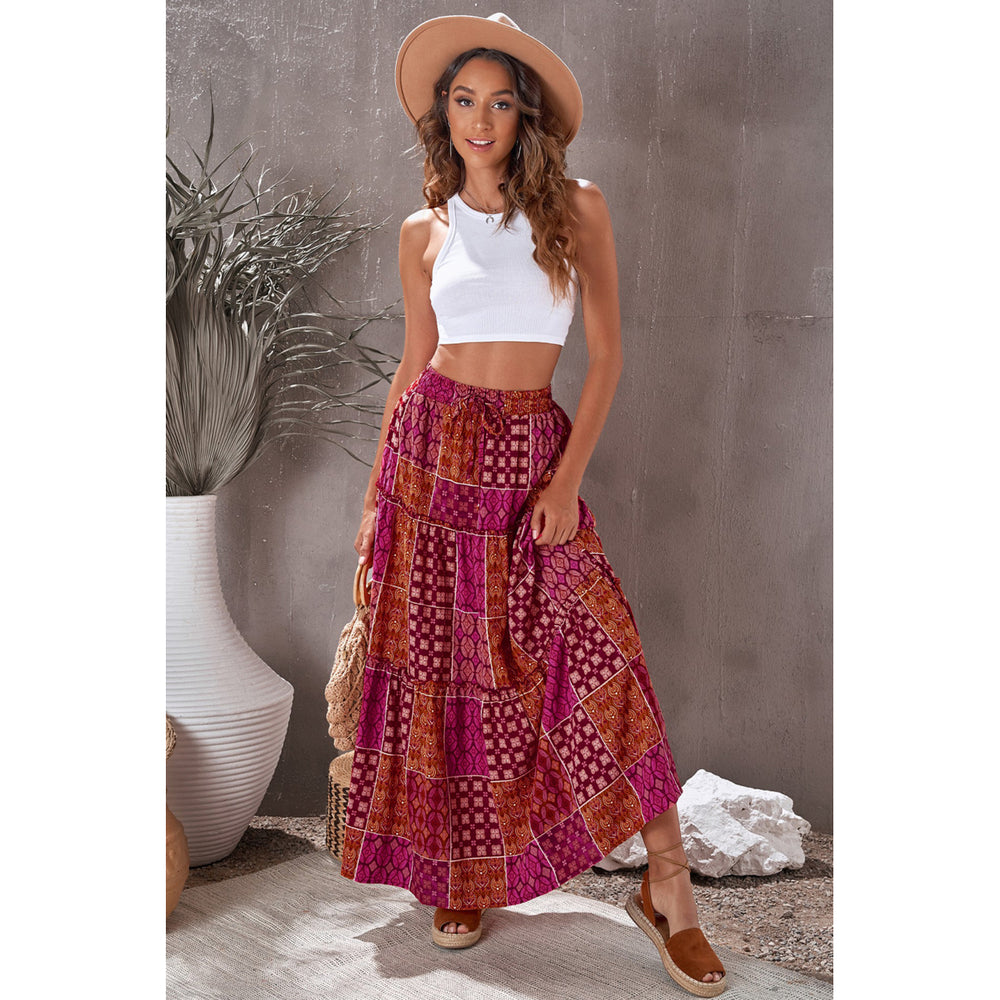 Womens Tiered Paisley Print Pocketed Maxi Skirt Image 2