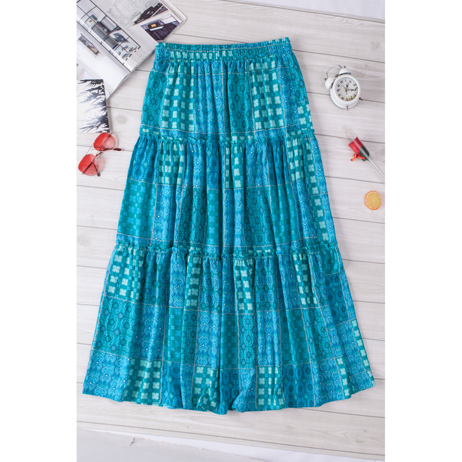 Womens Green Tiered Paisley Print Pocketed Maxi Skirt Image 1