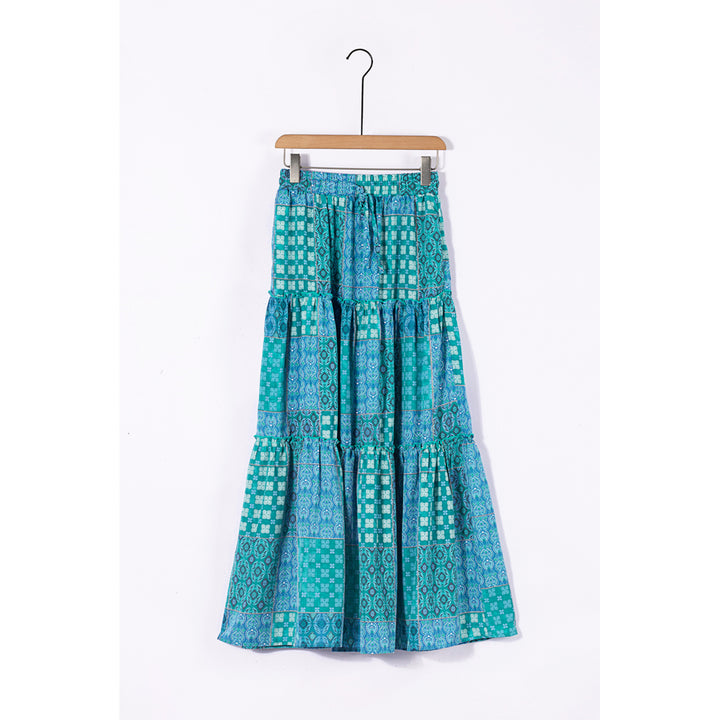 Womens Green Tiered Paisley Print Pocketed Maxi Skirt Image 3