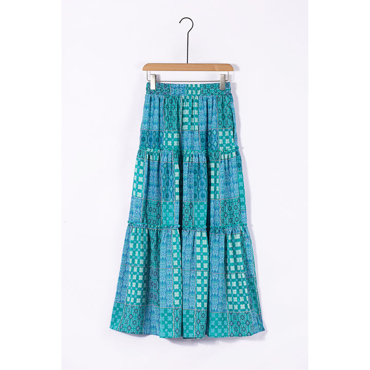 Womens Green Tiered Paisley Print Pocketed Maxi Skirt Image 4