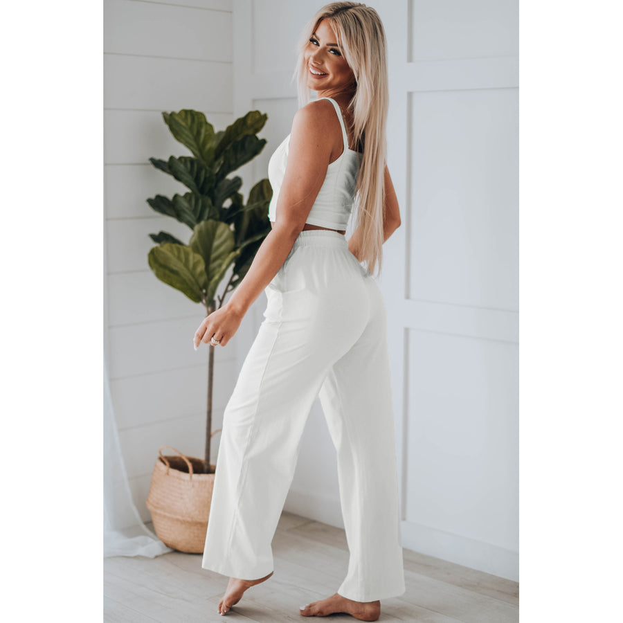 Womens White Cropped Cami Top and High Waist Pants Two Piece Set Image 1