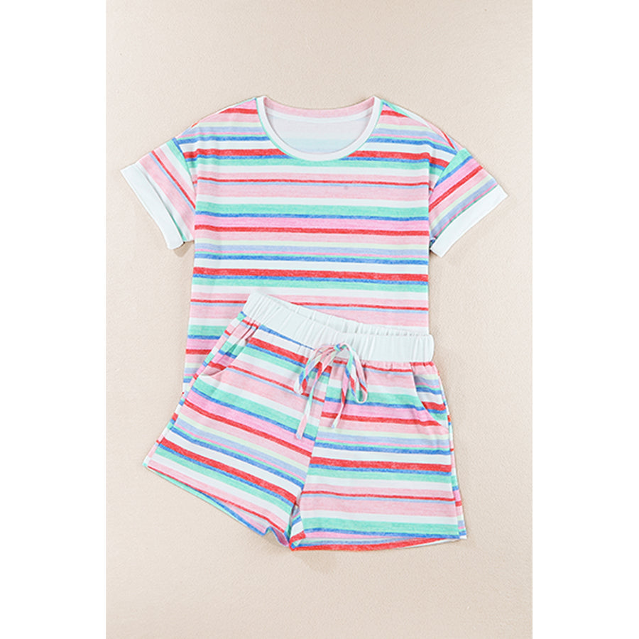 Womens Multicolor Striped Roll-up Tee and Shorts Set Image 1