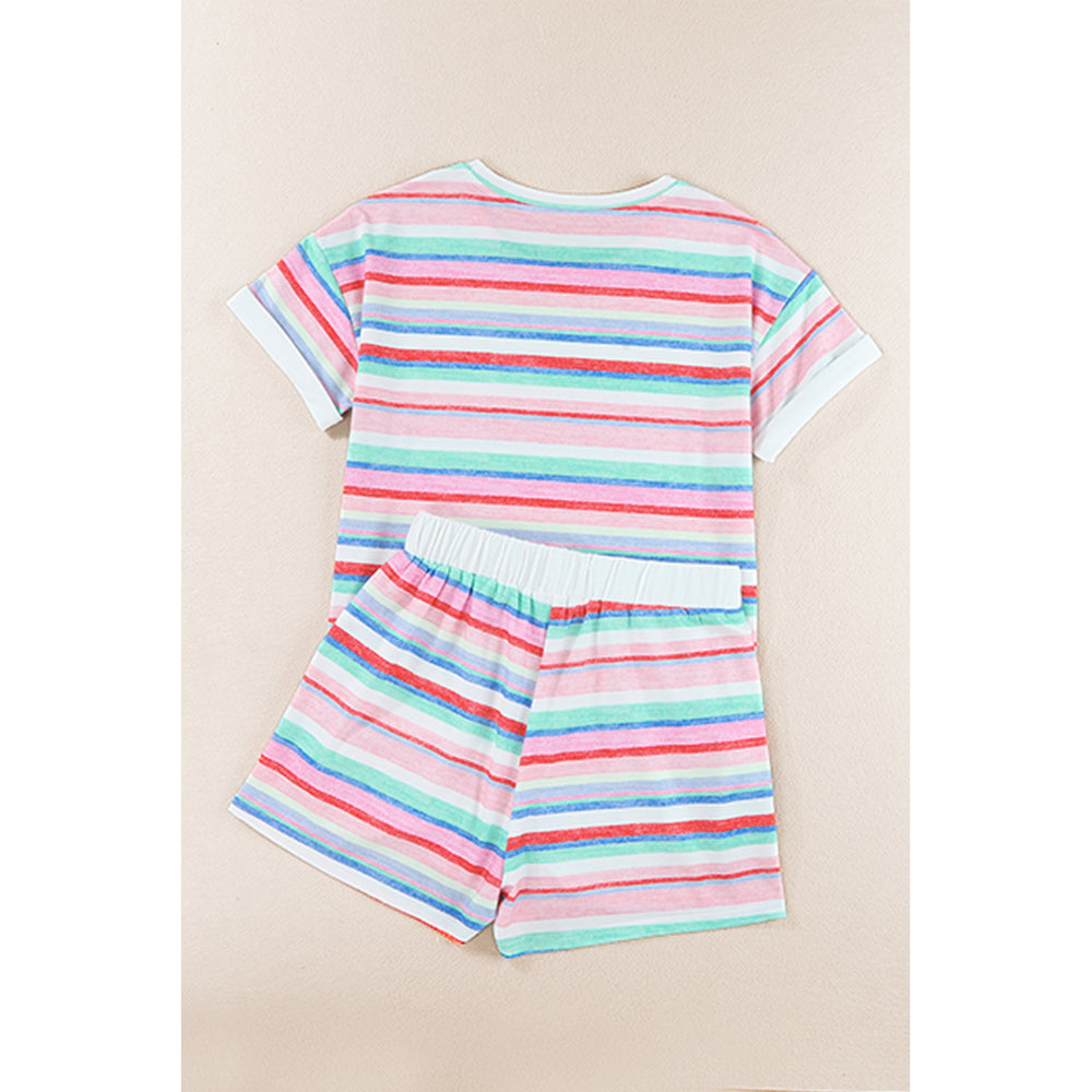 Womens Multicolor Striped Roll-up Tee and Shorts Set Image 2