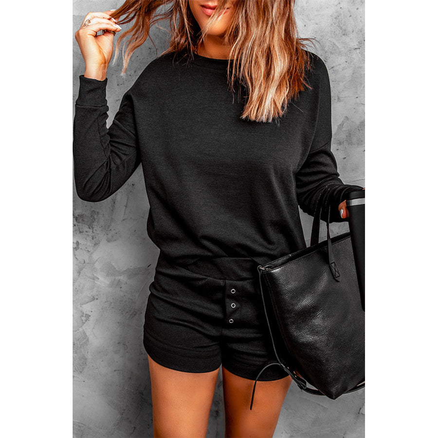Womens Black Ribbed Knit Drop-Shoulder Sleeve Top and Shorts Two Piece Set Image 1