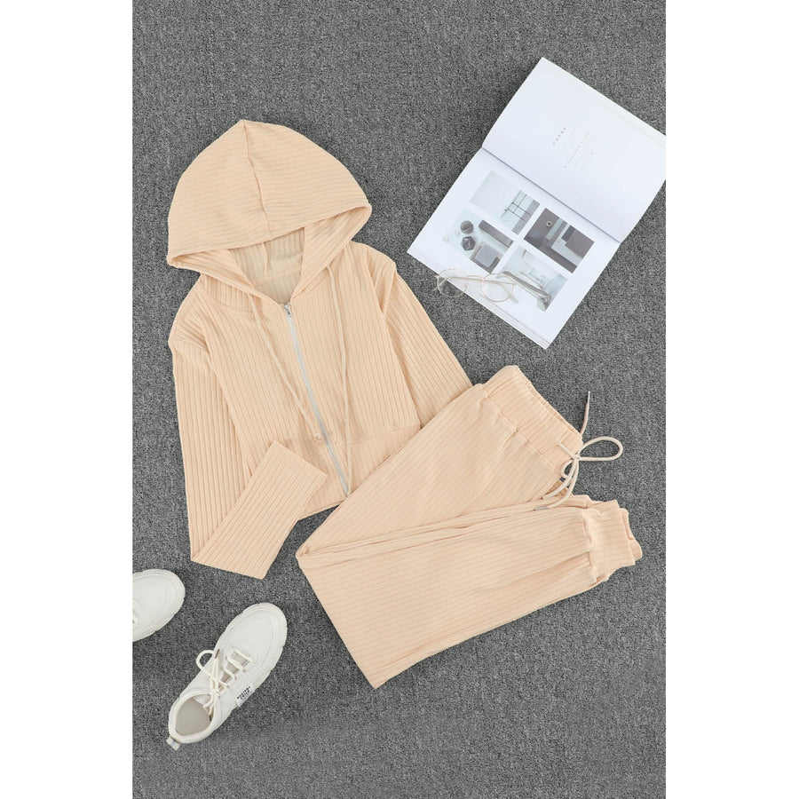 Womens Khaki Ribbed Knit Cropped Hoodie and Jogger Two Piece Set Image 1