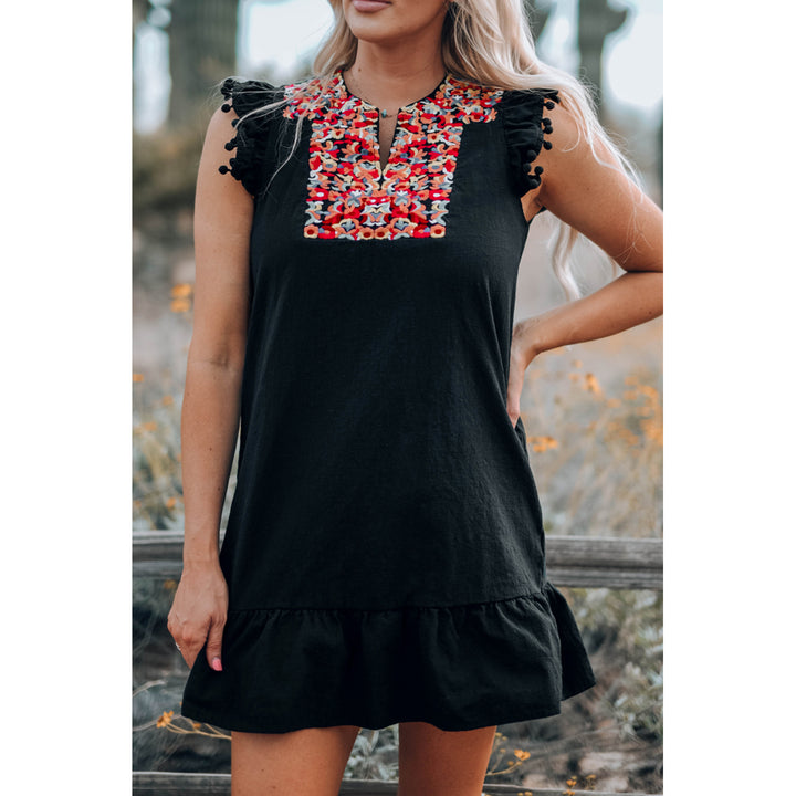 Womens Black Boho Print Pompom Sleeve Shift Dress Image 7