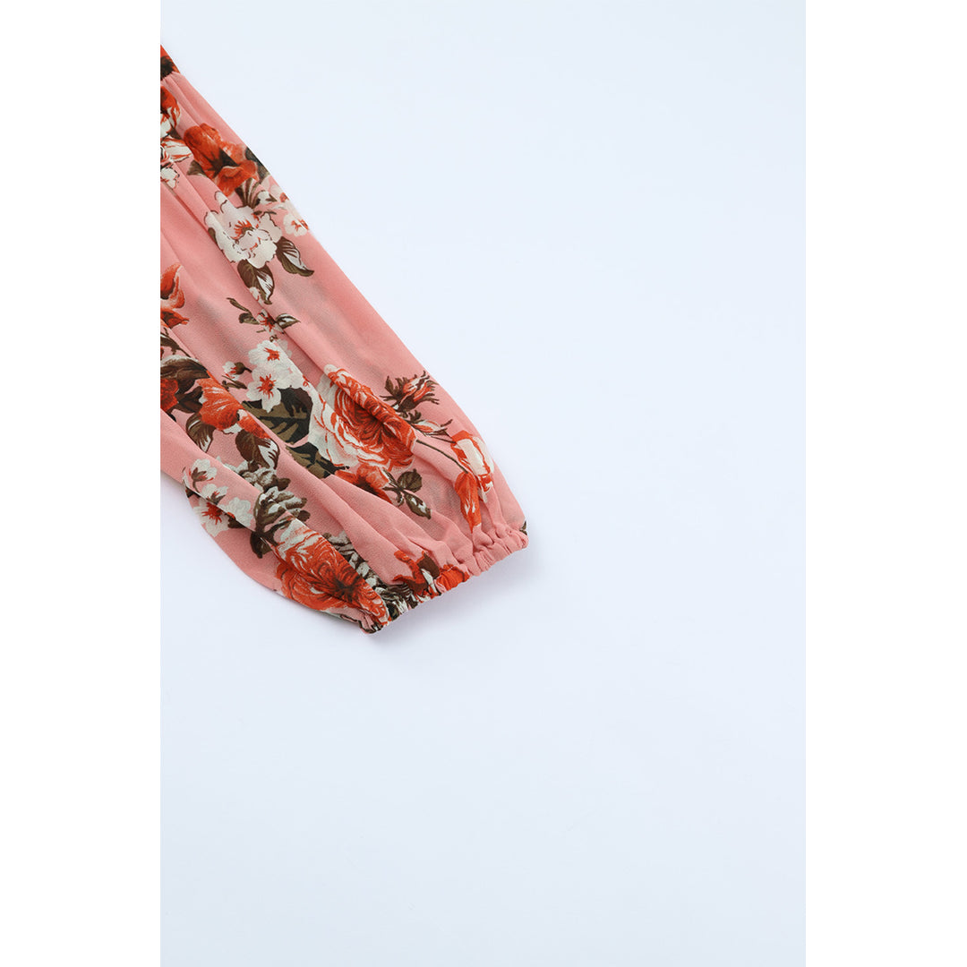 Womens Pink Vintage Floral Print Drawstring Flowy Dress Image 8