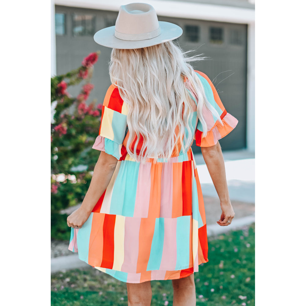 Womens Multicolor Color Block Ruffled Elastic Waist Mini Dress Image 2