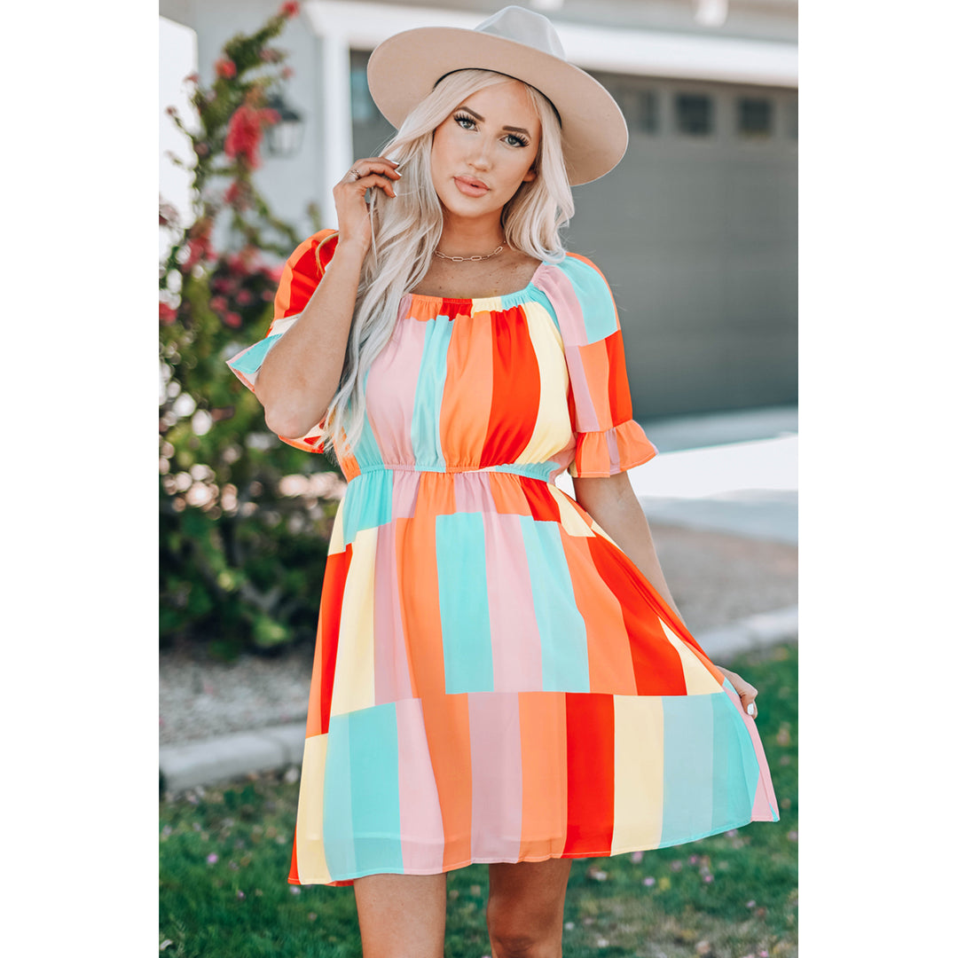 Womens Multicolor Color Block Ruffled Elastic Waist Mini Dress Image 4