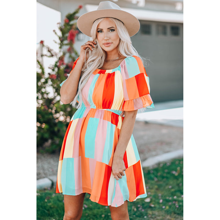 Womens Multicolor Color Block Ruffled Elastic Waist Mini Dress Image 6