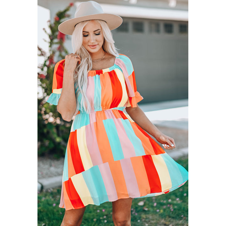 Womens Multicolor Color Block Ruffled Elastic Waist Mini Dress Image 7