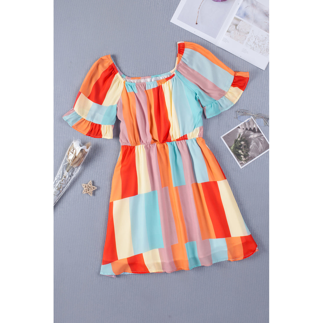 Womens Multicolor Color Block Ruffled Elastic Waist Mini Dress Image 8