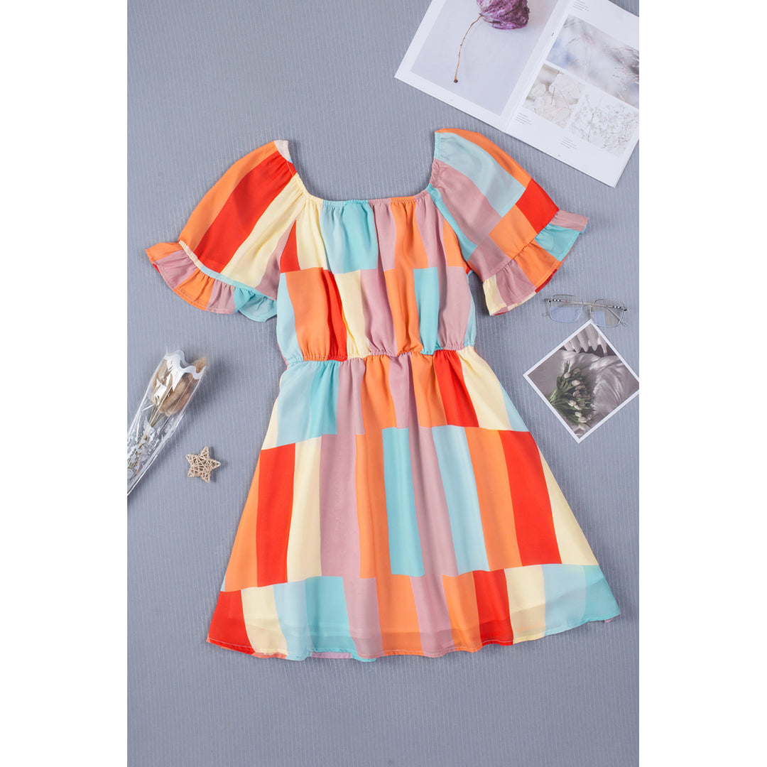 Womens Multicolor Color Block Ruffled Elastic Waist Mini Dress Image 9