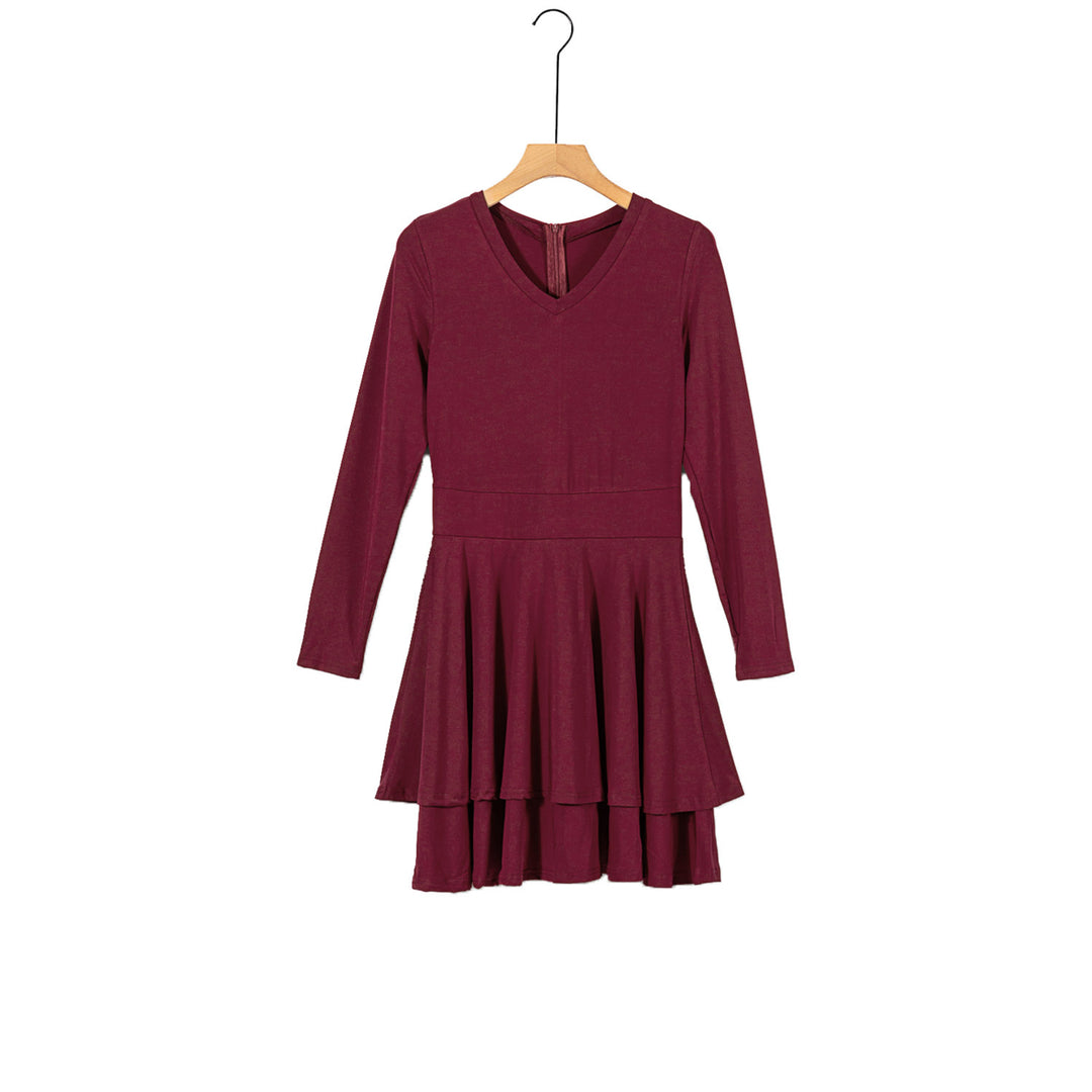 Womens Wine Red Long Sleeve V Neck Tiered Ruffle A-line Mini Dress Image 6