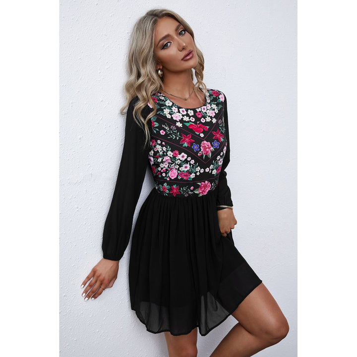 Womens Black Floral Mesh Splicing Lined Flowy Dress Image 4